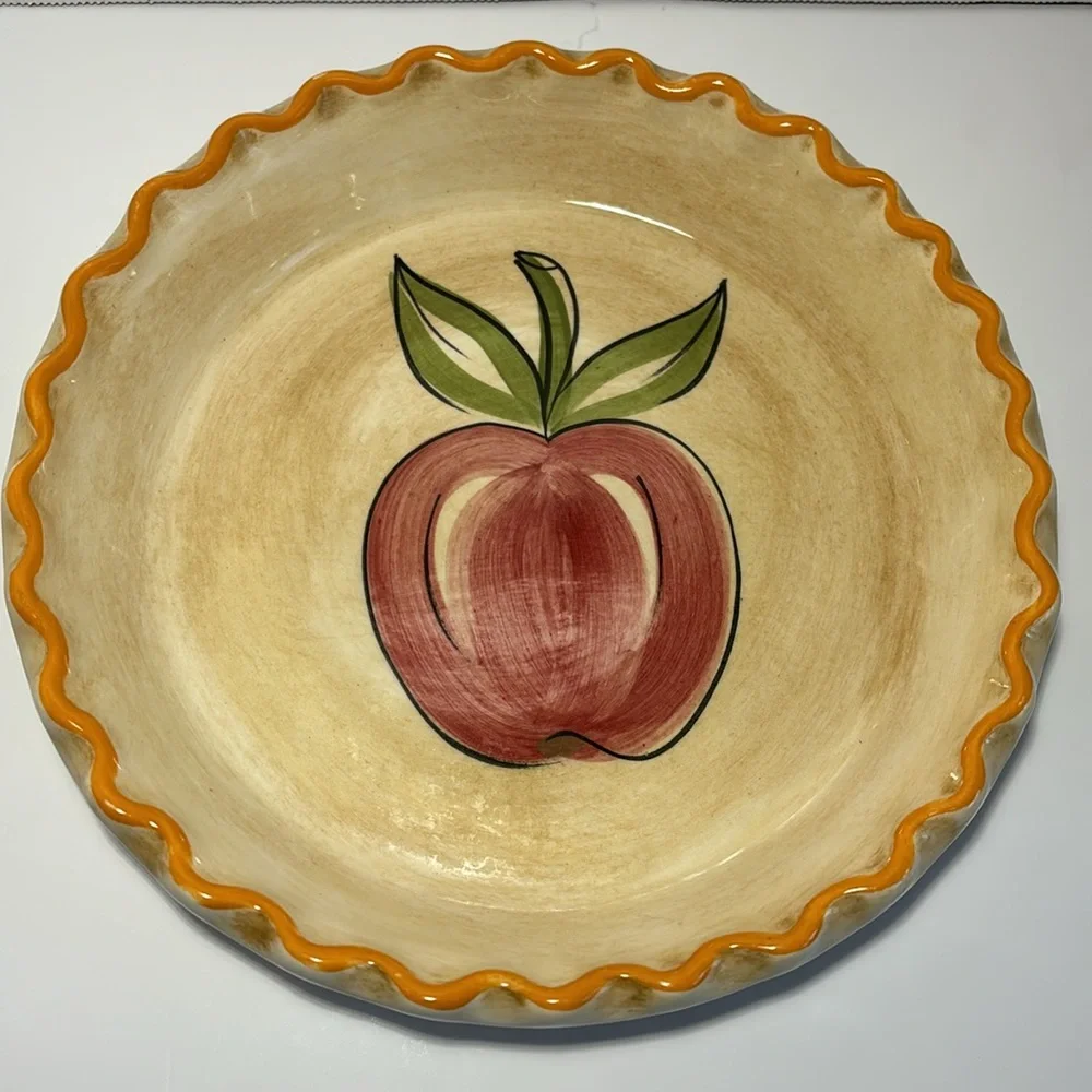 Los Angeles Potteries Ovenware Apple Pie Dish 9” Cream Tan Yellow Trim VTG 1971